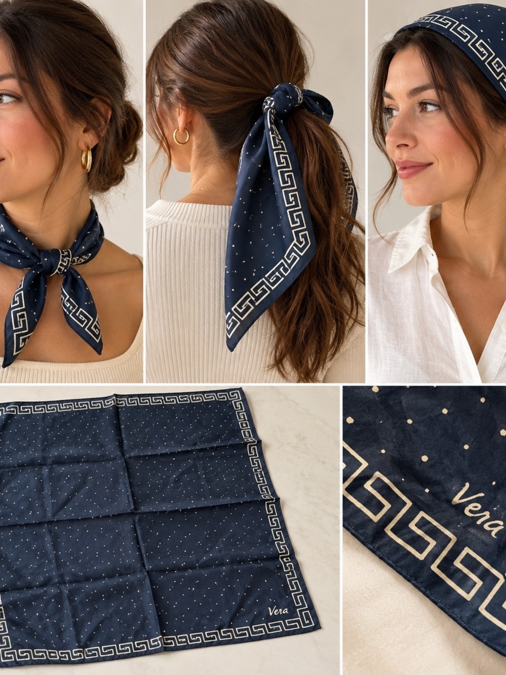 Vintage Vera Neumann Navy Silk Scarf 17x17 Greek Key Polka Dot Square